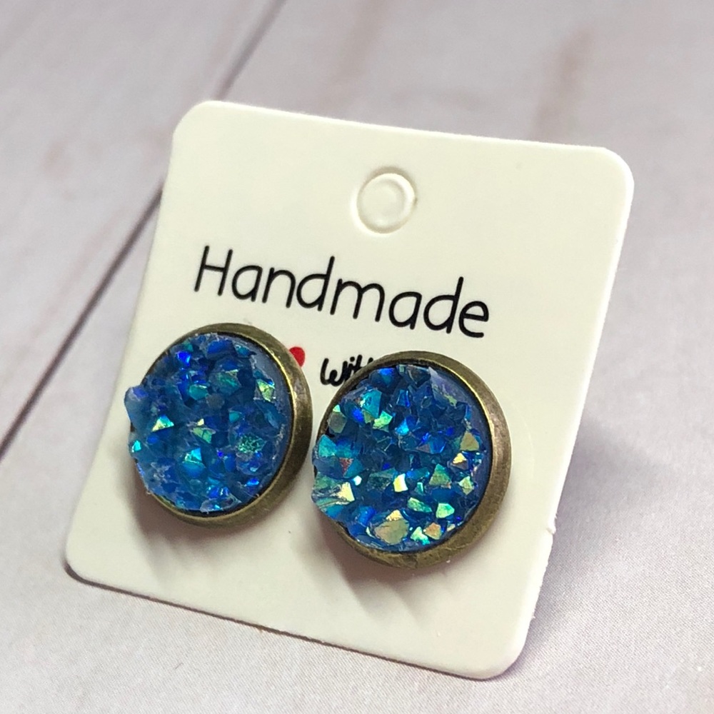 AB Blue Crystal Chunky Druzy Stud Earrings! - Picture 10 of 16